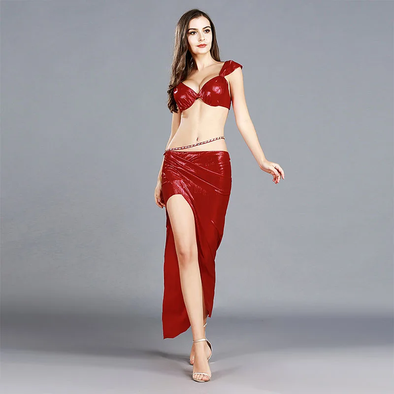 2021 PU живота Танцы костюм блестящий топ для танца и юбка 2 предмета в комплекте