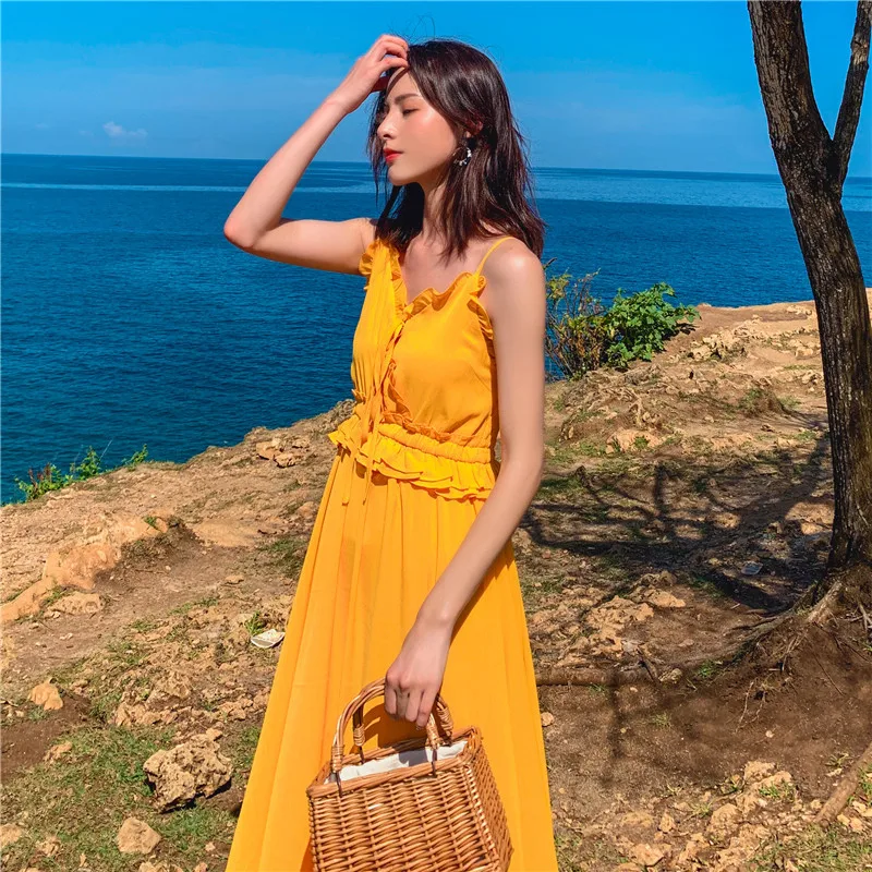 

Beach Style Summer Women Sexy V Neck Spaghetti Strap Backless Solid Dress Seaside Holiday Ladies Fashion Slim Yellow Dresses