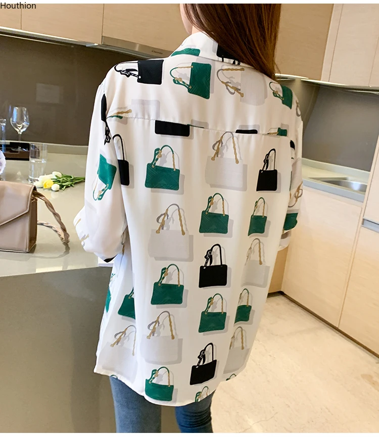 

Houthion Chiffon Printed Women's Blouses Long Sleeve Top Retro Blouse Breasted Woman Shirt Summer Fashion Casual New Korean