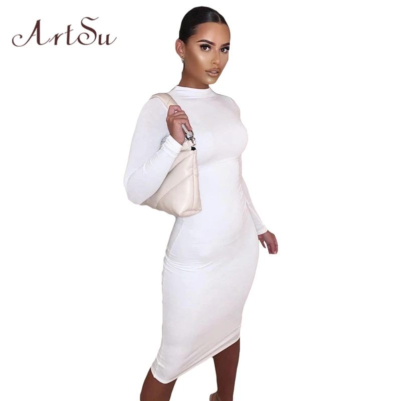 

Artsu Solid Stretchy Bodycon Dresses Women 2020 Autumn Fashion Streetwear 0-Neck Elegant Party Female Outfits 90070