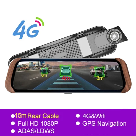 With 15m rear cable Anstar 4G Автомобильный видеорегистратор 10 ''зеркало заднего вида Автомобильная камера ADAS gps 1080P видеорегистратор ночного видения авто видеорегистратор - Название цвета: With 15m rear cable