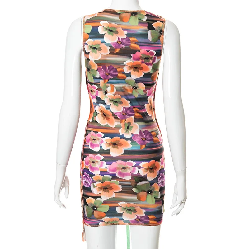 

Giyu Floral Print Patchwork Ruched Mini Dress Women Fashion Drawstring O-neck Sleeveless Partywear Y2k Dresses Bodycon Vestidos