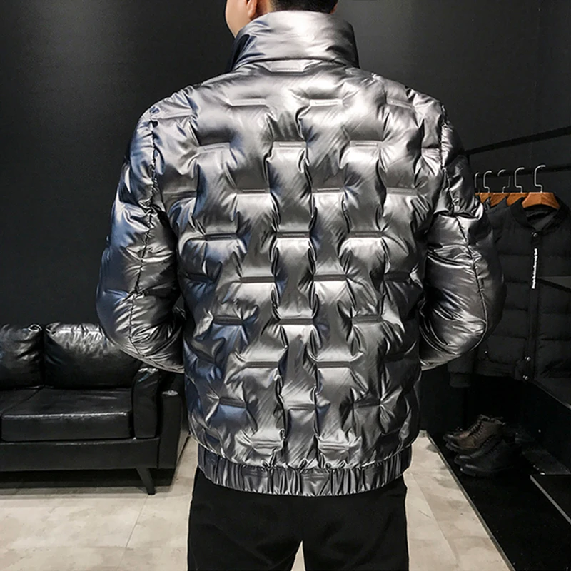 Men Stand Collar Jacket Leather Punk Coat Parka Padded Outwear Black Silver New Warm Mens Coats N043