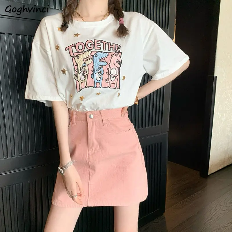 

Women Sets Lovely Cartoon Short Sleeve Top Chic High Waist Sexy Mini Denim Skirt College Ulzzang Sweet Leisure Summer Girls Set
