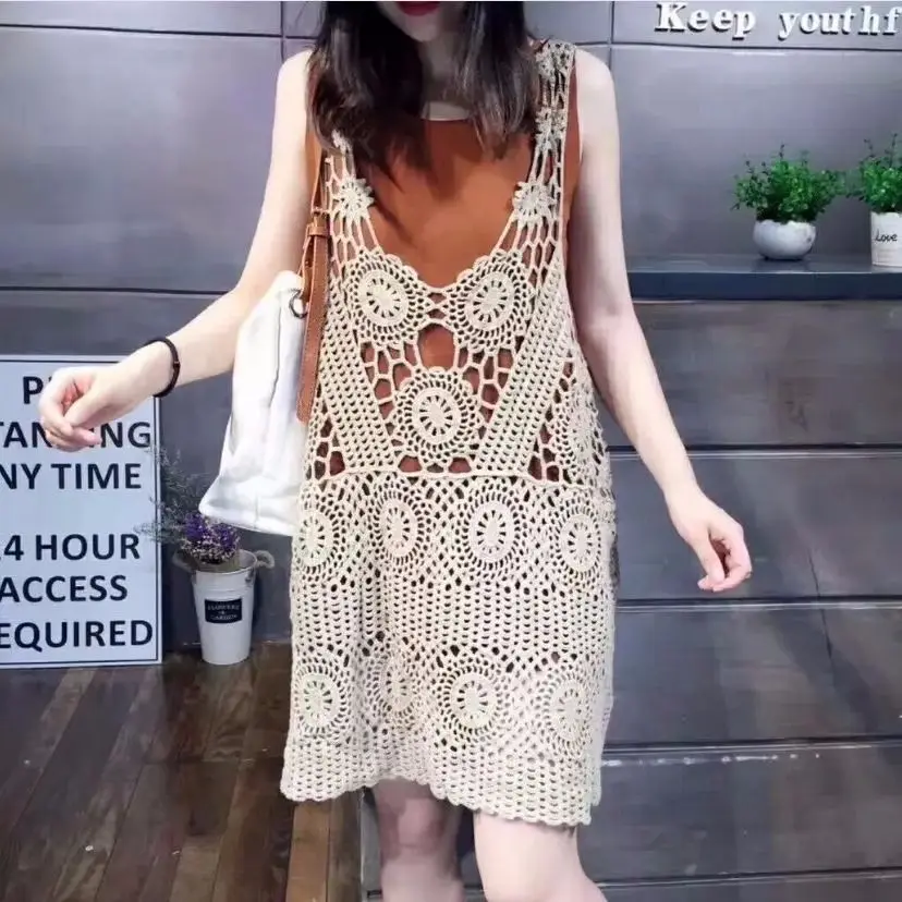 

All cotton cut-out stitching waistcoat for women's literature and art loose with solid color Crochet waistcoat