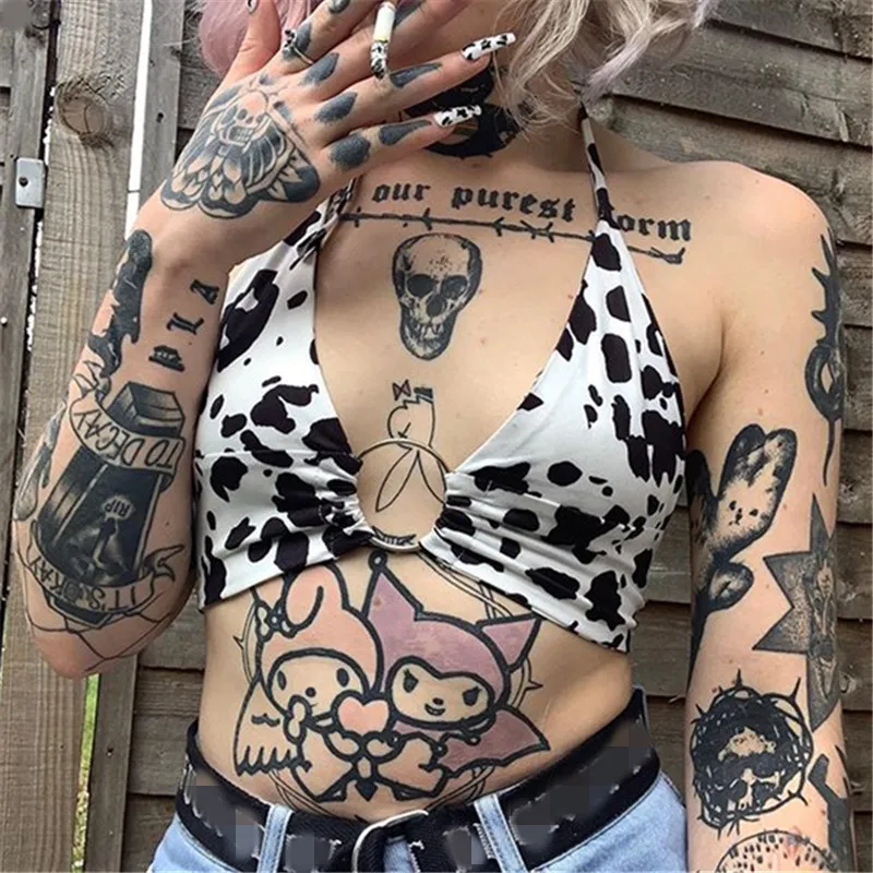 

2021 Pastel Gothic Harajuku E-Girl Women Camis Mall Goth Punk Grunge Cow Print Crop Tops Bodycon Sexy Summer Streetwear Bra