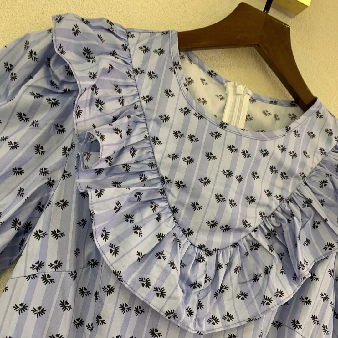 

High Street European Preppy Style Cotton Dress Lady Blue Print Ruffle Resort Knee Length Cute Prom Robe