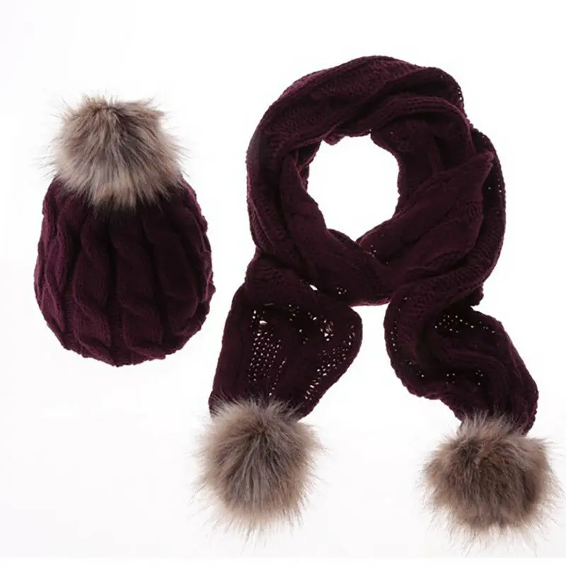 

Women Ladies Twist Knitted Fur Trim Pom Pom Bobble Beanie Ski Hat Scarves Cap