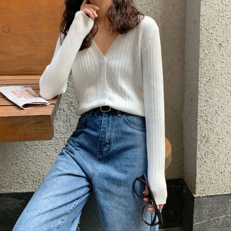 

Women's Autumn Style Outer Wear Loose V-neck Sweater Ladies Coat Solid Color Casual Harajuku Sweater Cardigan The Female Tops