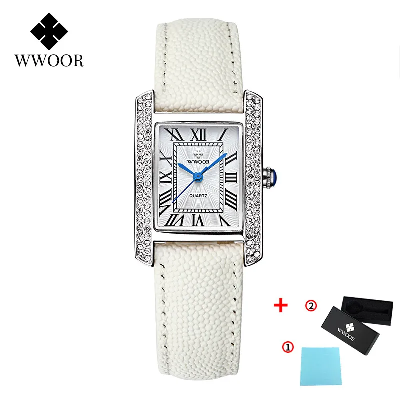 Silver White WWOOR Брендовые женские Простые повседневные часы модные роскошные стильные квадратные корейские стразы водонепроницаемые наручные женские часы - Цвет: Silver White