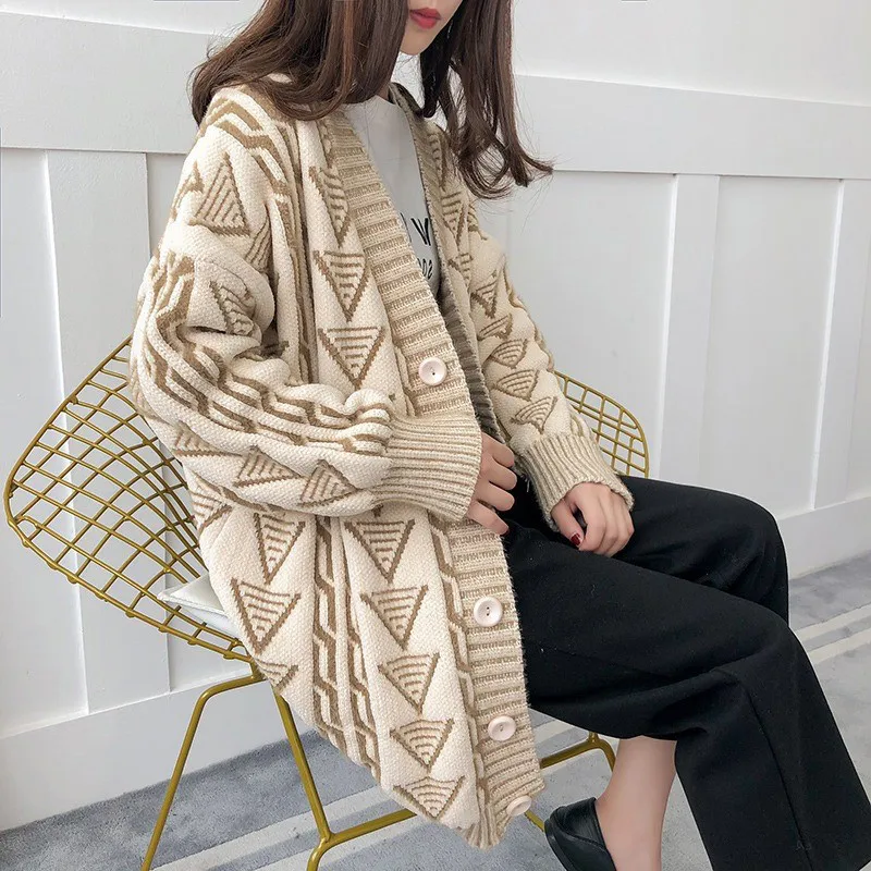 

Autumn winter Knitted sweater women loose tops Cardigan 2019 new khaki pink blue long sleeve V neck fashion long sweater JD582