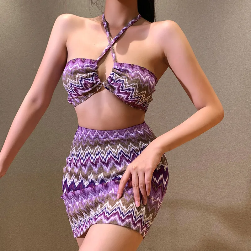 

SSummer Halter Print Lace-up Womens Suit Sexy Sleeveless Pattern Dress Purple Tight Wrap Buttocks Short Skirt