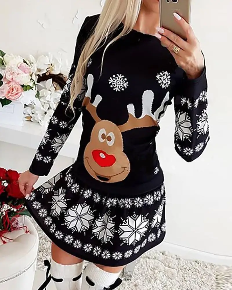 

Off Shoulder Dress Women's Clothing Autumn 2021 Women's Fashion Christmas Elk Snowflake Print Mixed Dress Print Vintage