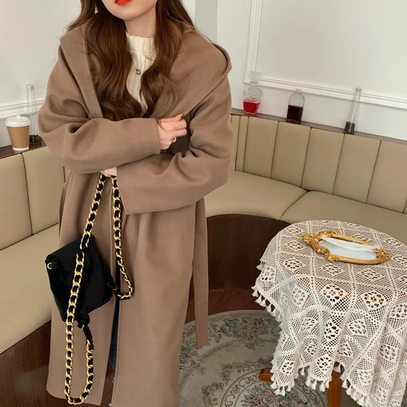 Женское черное шерстяное пальто с капюшоном Ulzzang Chic теплая Повседневная