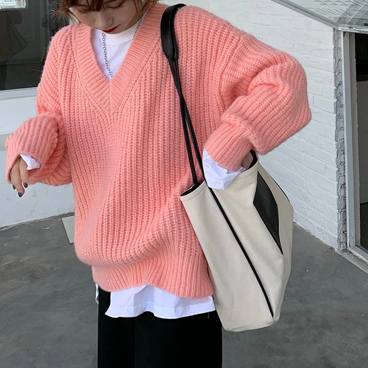 

2021 Korean Version New Fashion Gentle Pink V-neck Sweater, Loose and Lazy Sweater in Autumn and Winter