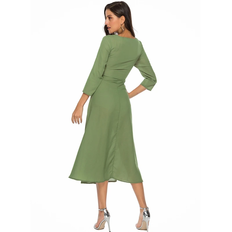 

WEPBEL Dress Women's Casual Solid Color Three Quarter Sleeve High Waist Dress Spring Summer Mesh O-Neck Slim Bandage Dress