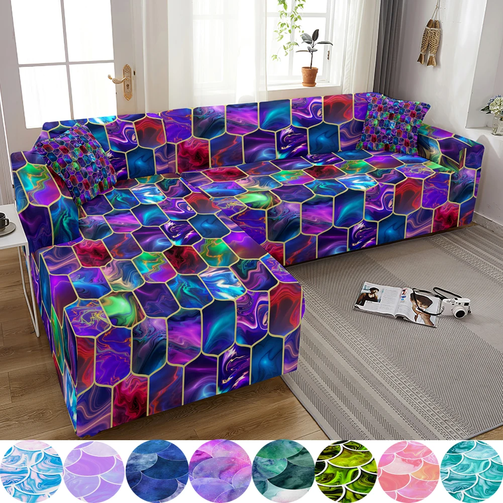 

Elastic Sofa Cover for Living Room Stretch Geometric Marble Sequins Slipcover Couch Cover Armchai Cover Funda de sofá de esquina