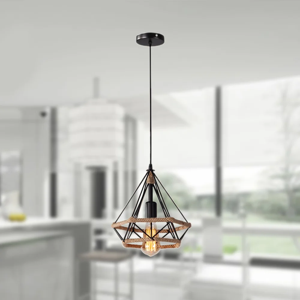 

Wrought Iron Rope Ceiling Lamp American Country Industrial Chandelier 110-220V E27 Lamp Holder Diamond Chandelier for Home Bathr