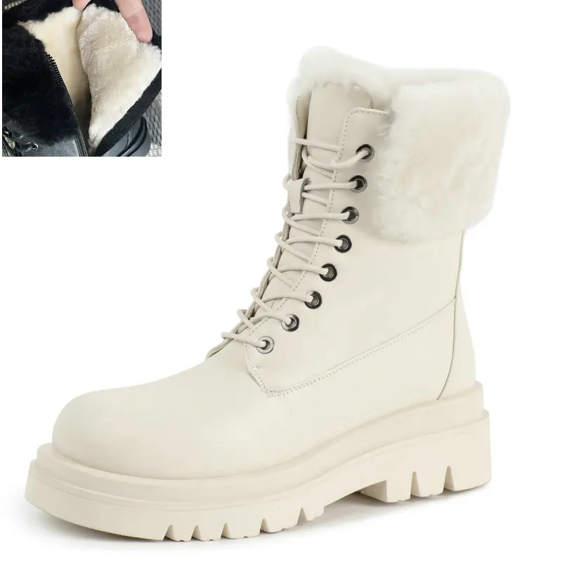 

Genuine Leather Snow Boots Winter Fashion Lace Up Nature Wool Keep Warm Women Shoes Big Size 34-43