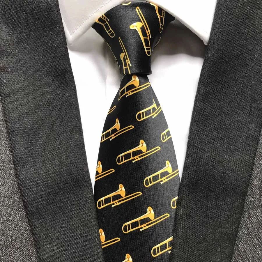 

New Designer Men's Music Ties Musical Print Necktie Black with Yellow Trumpet Cravat for Musician Concert Christian Choirs