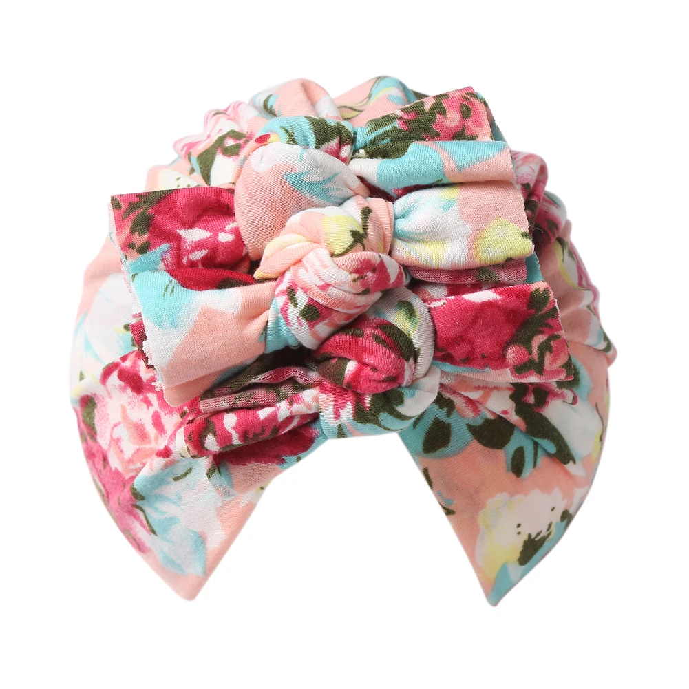 

Solid Rayon Double Layers Baby Turban Hats Soft Flower Print Folded Triple Tie Knotted Caps Newborn Beanies Bonnet Headwraps