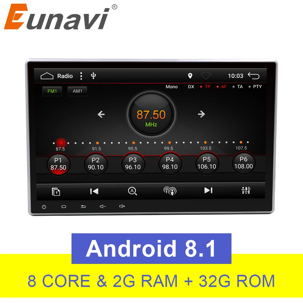 Eunavi 10 1 'ƈ Din Универсальный Android 8 автомобильный радиоприемник ПК gps Навигация