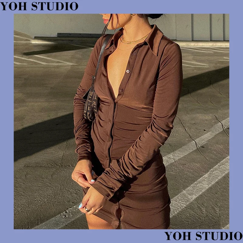 

Autumn New Dress Street Sexy Solid-color Slim Hot Single-breasted Cardigan Pleated Short Dress