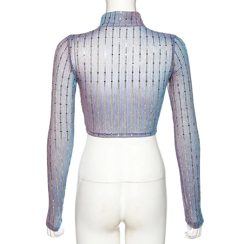 Chiffon splicing sequins umbilical shirt long sleeve half-high collar zipper placket pleated T-shirt fashion spring and summer | Женская