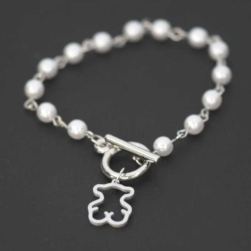 

2021 New Style Fashion White Beadl Bracelet Stainless Steel Bear Bracelet Simple And Generous Girl's Favorite