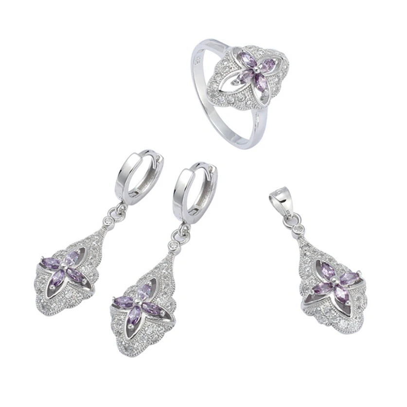 

Eulonvan 925 sterling silver luxury women Engagement Wedding jewelry sets (ring/earring/pendant) Purple Cubic Zirconia S-3707set