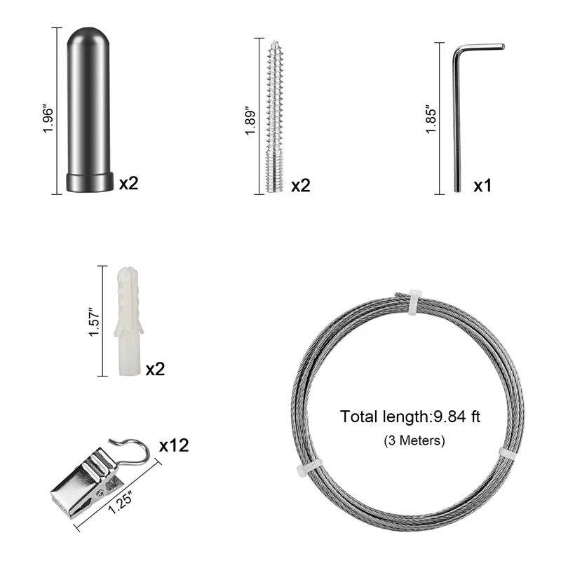 Curtain Drape Wire Rod Set with 12 Clips Stainless Steel Picture Hanging Clothesline Multi-Purpose Hang Photos N | Дом и сад