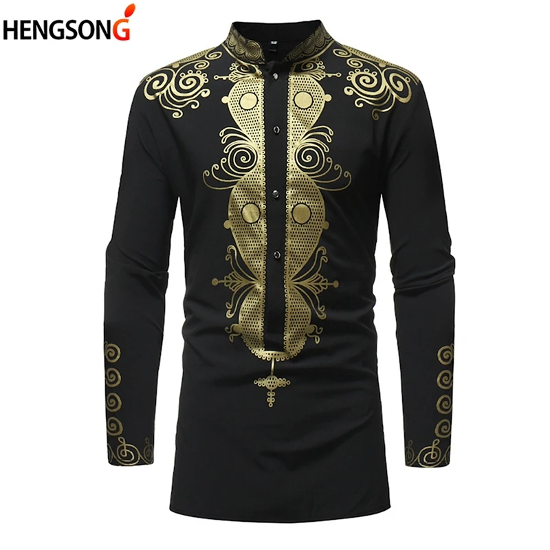 

New Men Shirt Ethnic Style Print Long Sleeve St Collar Shirt Pullover 2021 Autumn Casual Male Shirt Tops For Men Plus Size
