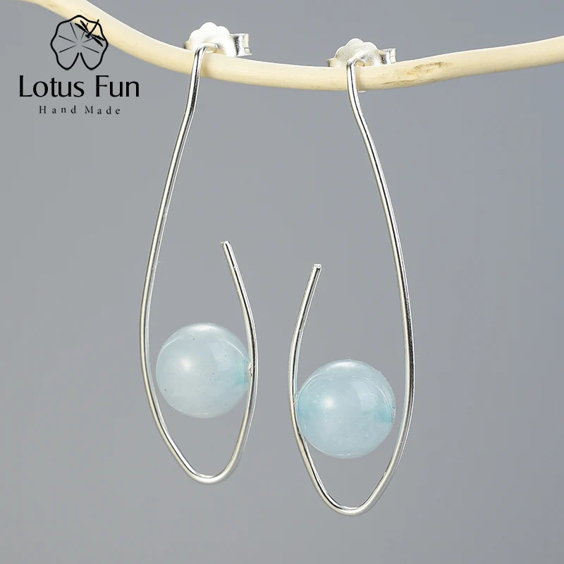 Aquamarine Silver Lotus Fun Настоящее серебро 925 проба Натуральный камень Креативный дизайнер Ювелирное Украшение с драгоценным камнем яркие глаза Висячие серьги для женщин - Цвет камня: Aquamarine Silver