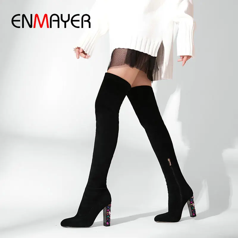 

ENMAYER 2019 Over-the-Knee Winter Boots Women Slip-On Faux Suede Slim Boots Round Toe Basic Square Heel Women Shoes 34-41