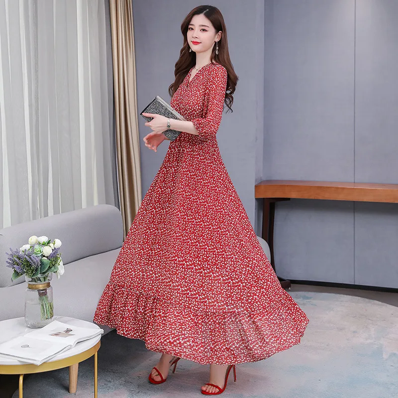 

2021 spring and summer new Korean dresses, fashionable dresses, over-the-knee V-neck dresses, temperament waist-slimming dress