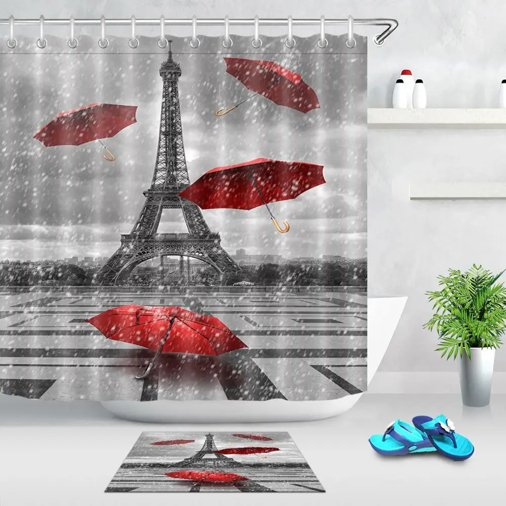 

Retro Paris Tower Shower Curtain for Bathroom Decor Romantic Rainy Red Umbrella Polyester Fabric Bath Curtain Including Hooks