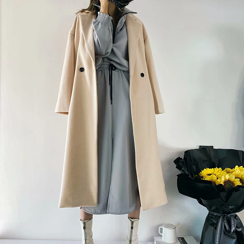 

Women Autumn Winter Warm Wool Blends Coats 2020 Office Lady Solid Double Breasted Solid Female Long Casual Outerwear Clothes