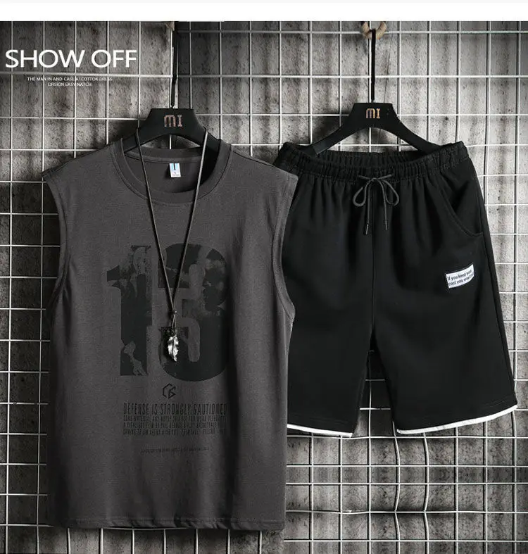 

FMZXG Summer vest men's suit casual sports loose Student Korean youth sleeveless vest cotton two piece set