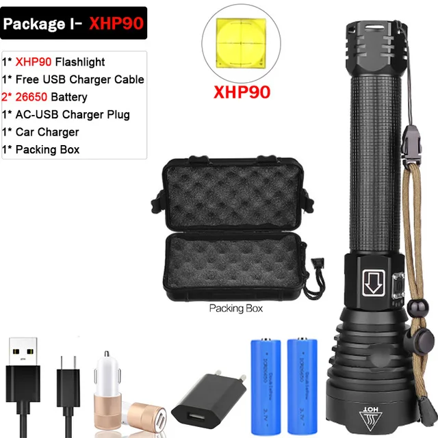 Package I Яркий XHP90 XHP70.2 перезаряжаемый светодиодный фонарик супер мощный фонарь Водонепроницаемый зум охотничий свет использовать 18650 или 26650 Battey - Испускаемый цвет: Package I