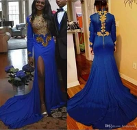 sexy split mermaid evening dress 2019 royal blue gold applique abiye arabia robe de soiree party prom formal pageant dresses