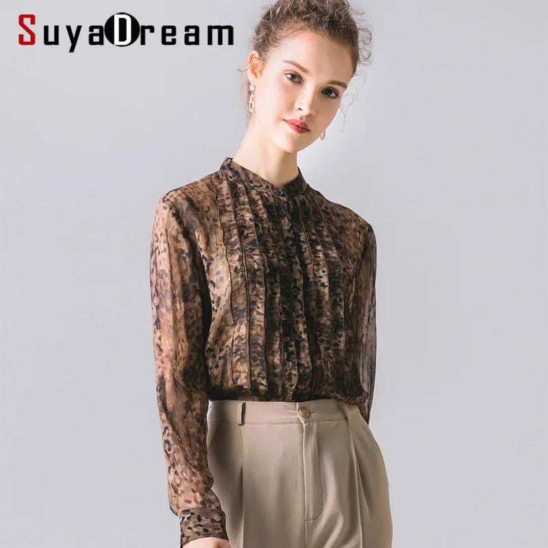 Блузка SuyaDream женская с леопардовым принтом Офисная рубашка из 100% натурального