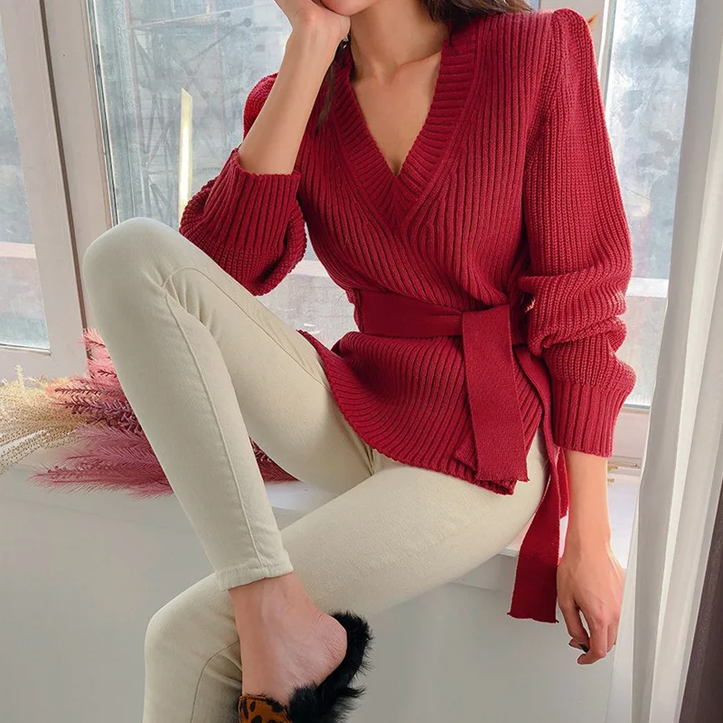 

New 2020 Autumn Winter Women's Sweaters V-Neck Lace Up Minimalist Fashionable Korean Style Stylish Solid Winter Cropped