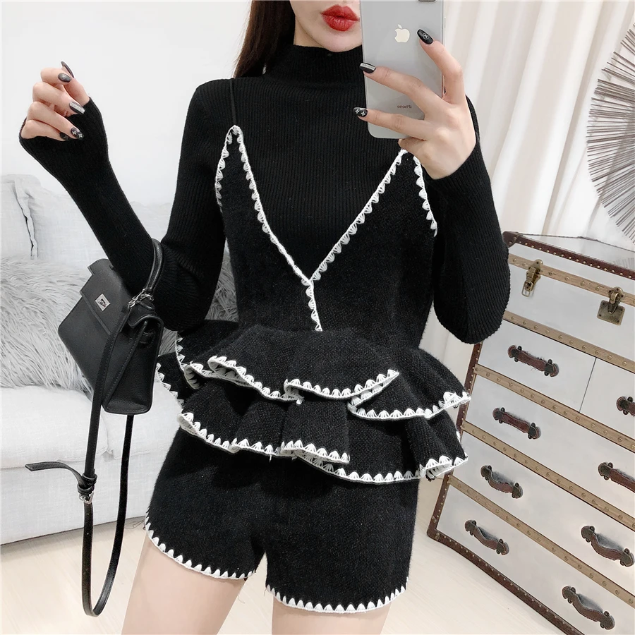 ALPHALMODA, вязаный свитер+ жилет с рюшами+ шорты, Женский Стильный костюм из 3 предметов, новинка, осенне-зимний модный комплект одежды