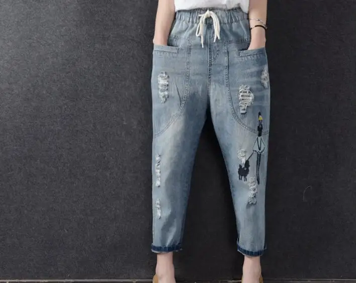 Женские рваные джинсы с высокой талией джинсовые штаны шаровары из хлопка