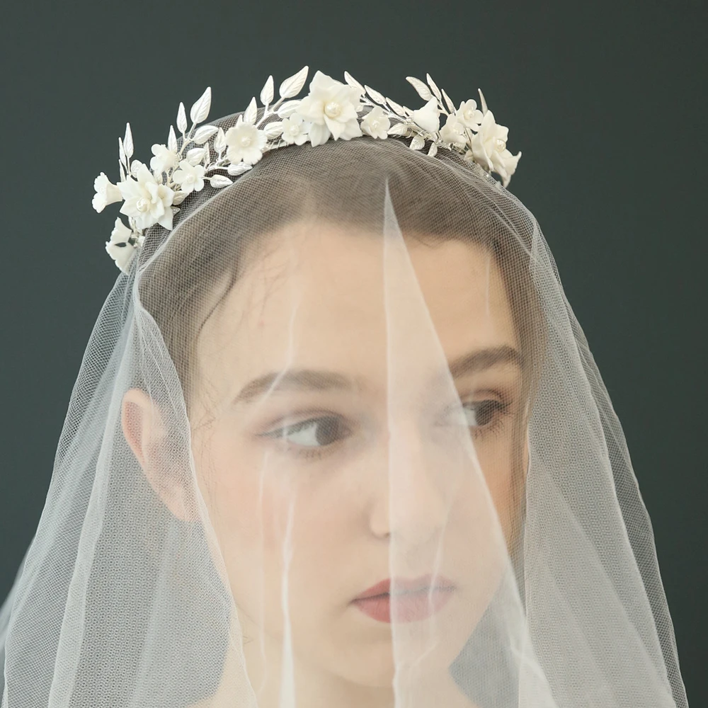 Античная свадебная корона с серебряными листьями деликатная фарфоровая тиара