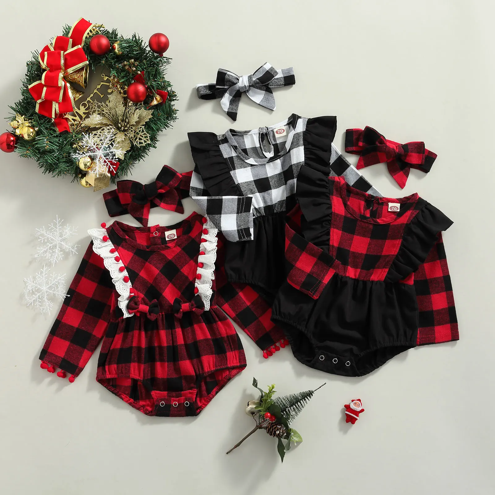 

Baby Girls Two-piece Clothes Set, Plaid Printed Pattern Long Sleeve Romper and Headdress, Black/ Red/ Red Black