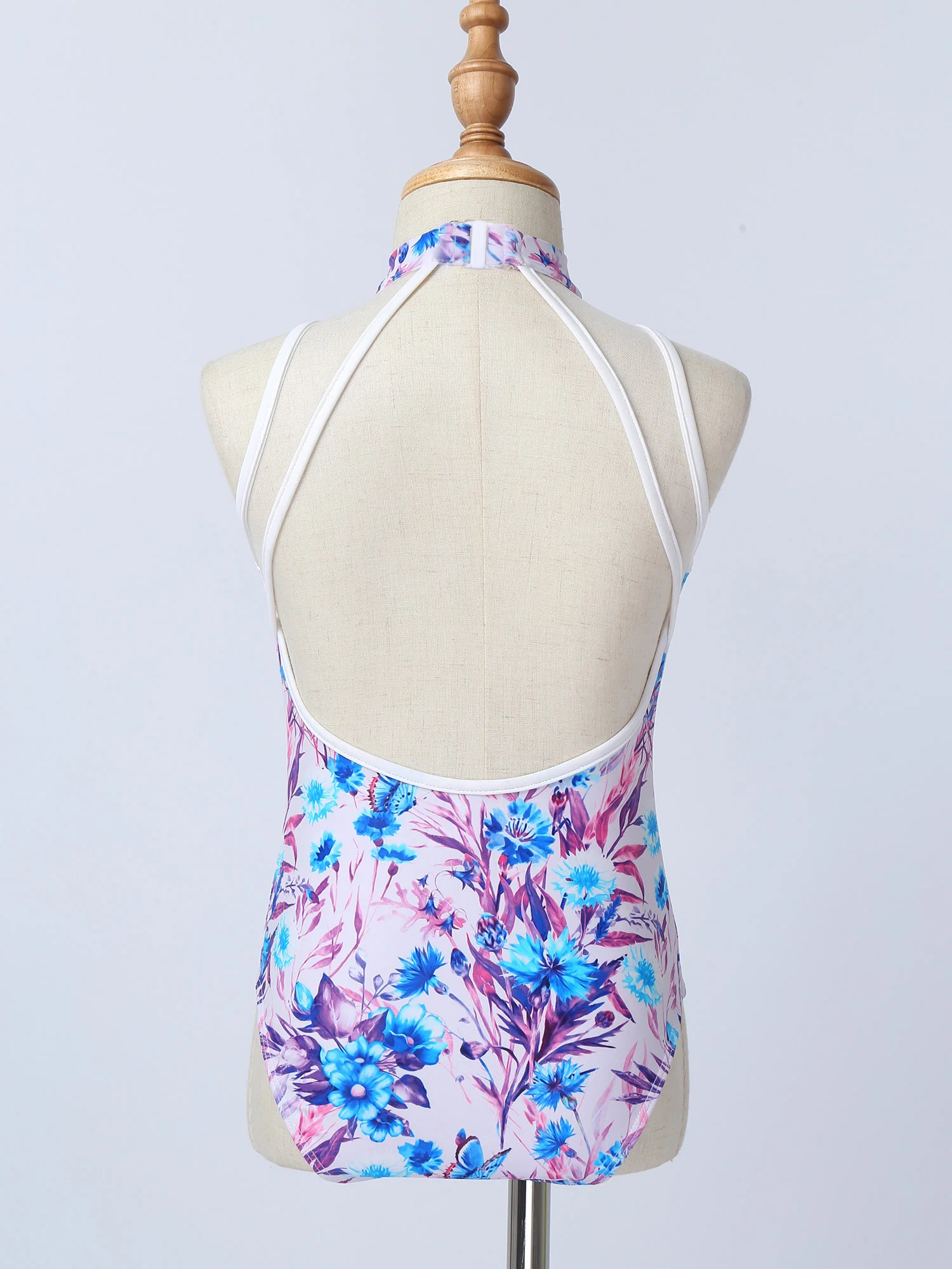 

Kids Girls Ballet Dance Leotard Jumpsuit Stand Collar Sleeveless Open Back Floral Print Bodysuit Skating Performance Costumes