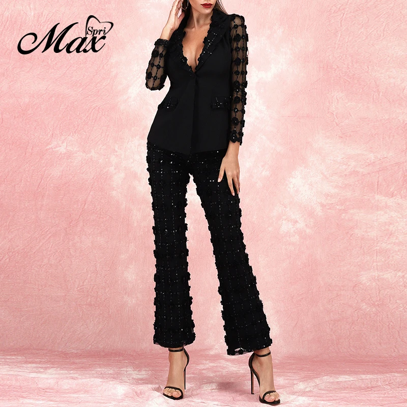 

Max Spri Fashion V Neck Mesh Sequin Long Sleeves Top Boot-Cut Pants 2019 Autumn New Office Lady 2-Piece Sets Suits