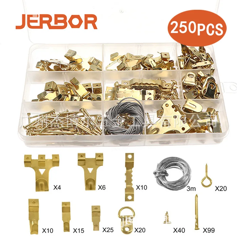 

250 pcs Picture Hanging Hook Kit Metal Picture Hanging Hardware Wire Screw Nails Small Household Tool Sets With Storage Box