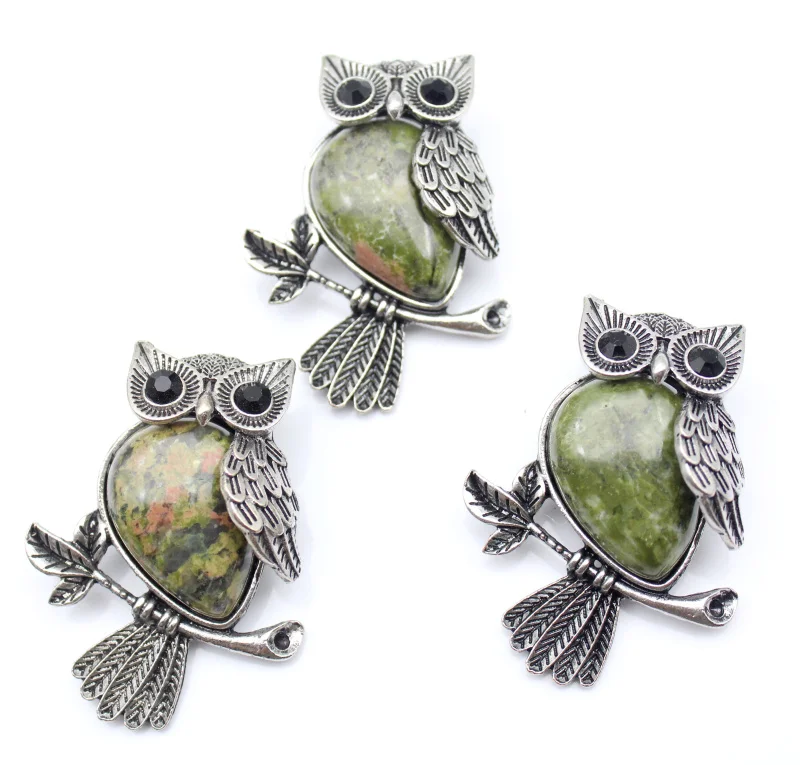 

12pcs Vintage Silver Plated Owl Natural Unakite Gold sand Stone crystal Brooch For Women Charms Jewelry Brooches